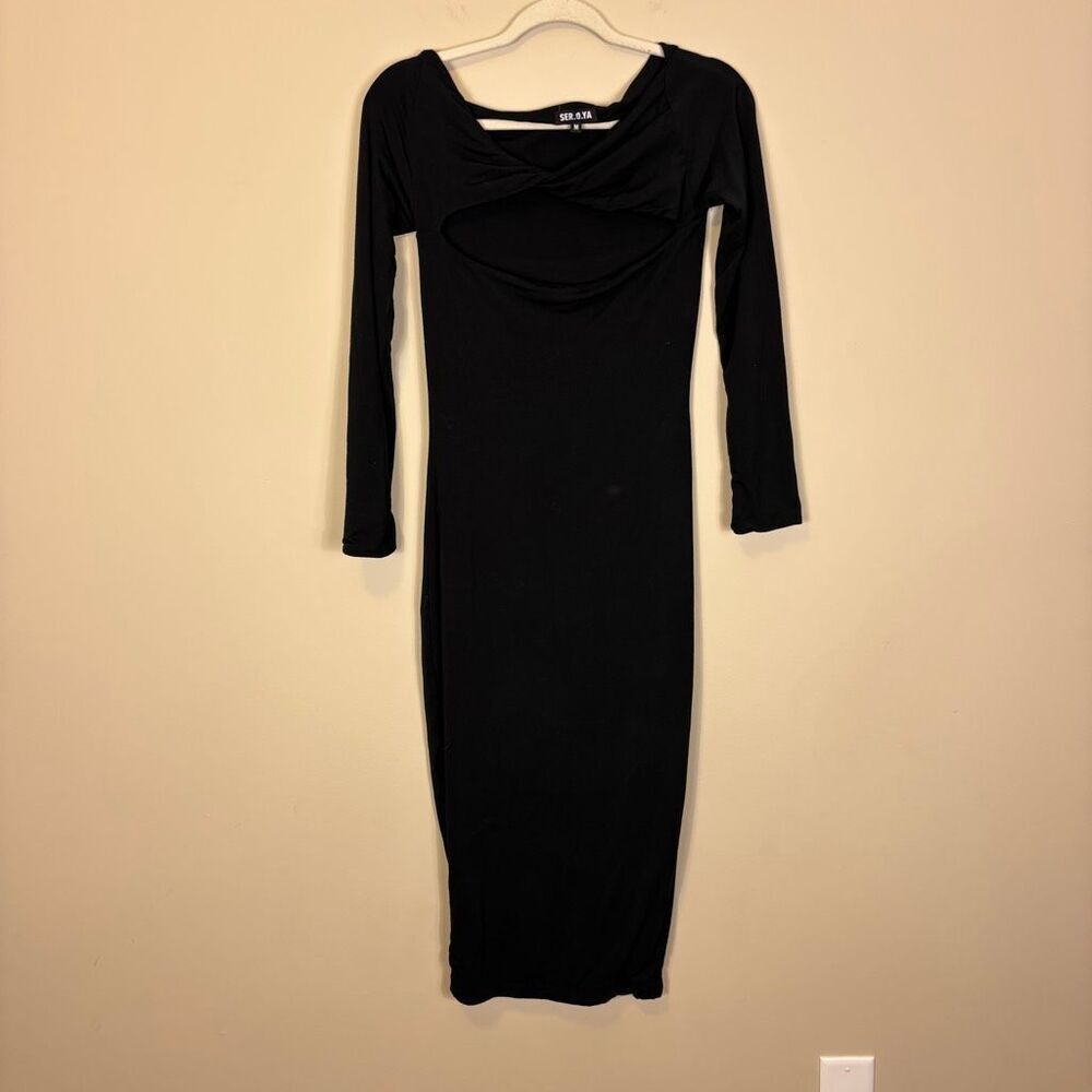 SER.O.YA Black‎ Long Sleeve Cutout Front Midi Bodycon Dress Medium